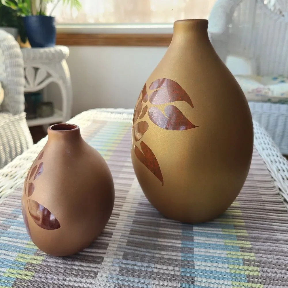 Vintage Matte Bronze On Bronze Slip Cast Pottery Vases With Rose & Leaves Design